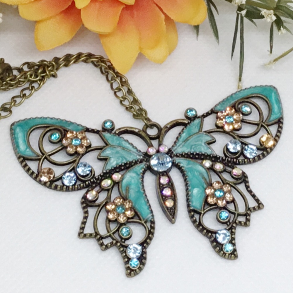 Antique Bronze Blue Butterfly Pendant Necklace